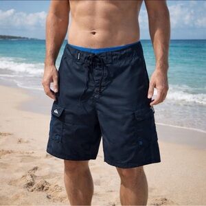 QUIKSILVER NAVY BLUE BOARD SHORTS SWIM TRUNKS SIZE 30 SURF BEACH 9” INSEAM